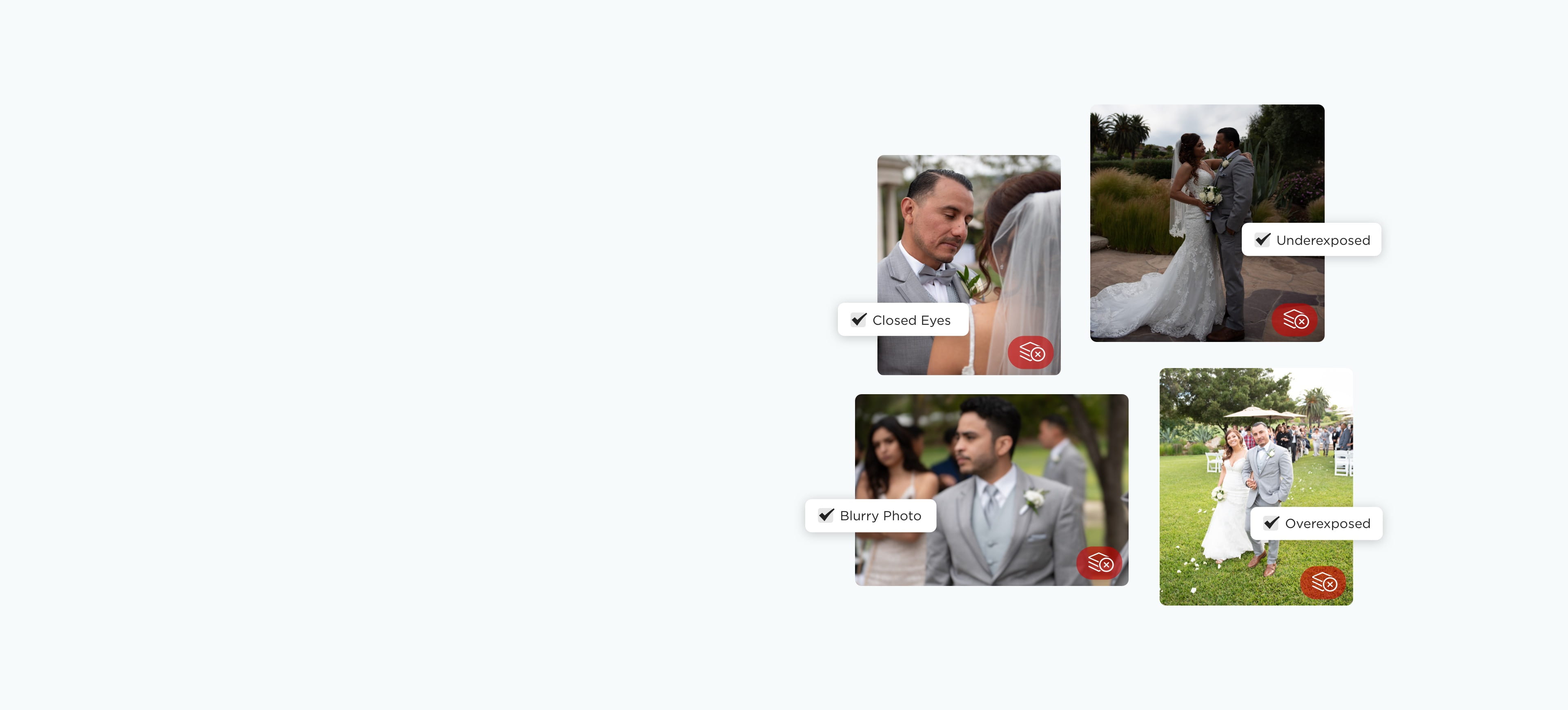 Graphic demonstrating AI-powered photo culling that removes images with closed eyes, blur, duplicates, or poor exposure.
